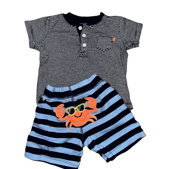 Carter’s Baby Boy 2 Piece Bundle Combo Crab Shorts & Striped Shirt 9-12 Months - Picture 1 of 8